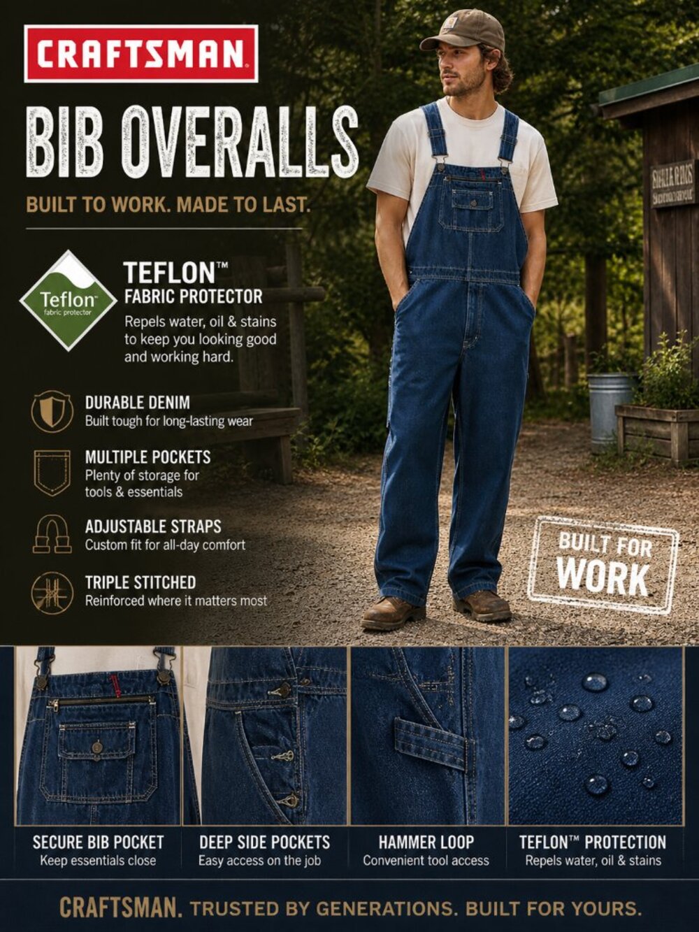 Craftsman Bib Overalls 38x30 NWT Teflon Fabric Protector Denim Workwear